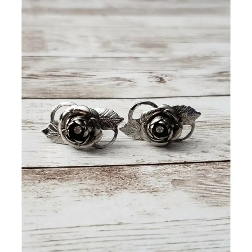 Vintage Screw On / Screw Back Earrings Fancy Rose & Leaves with Clear Gem